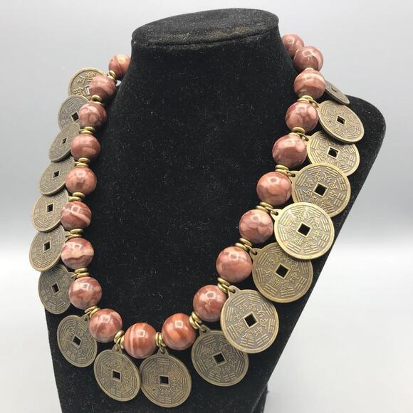 Handmade Chinese Coin Pendant & Stone Bead Necklace